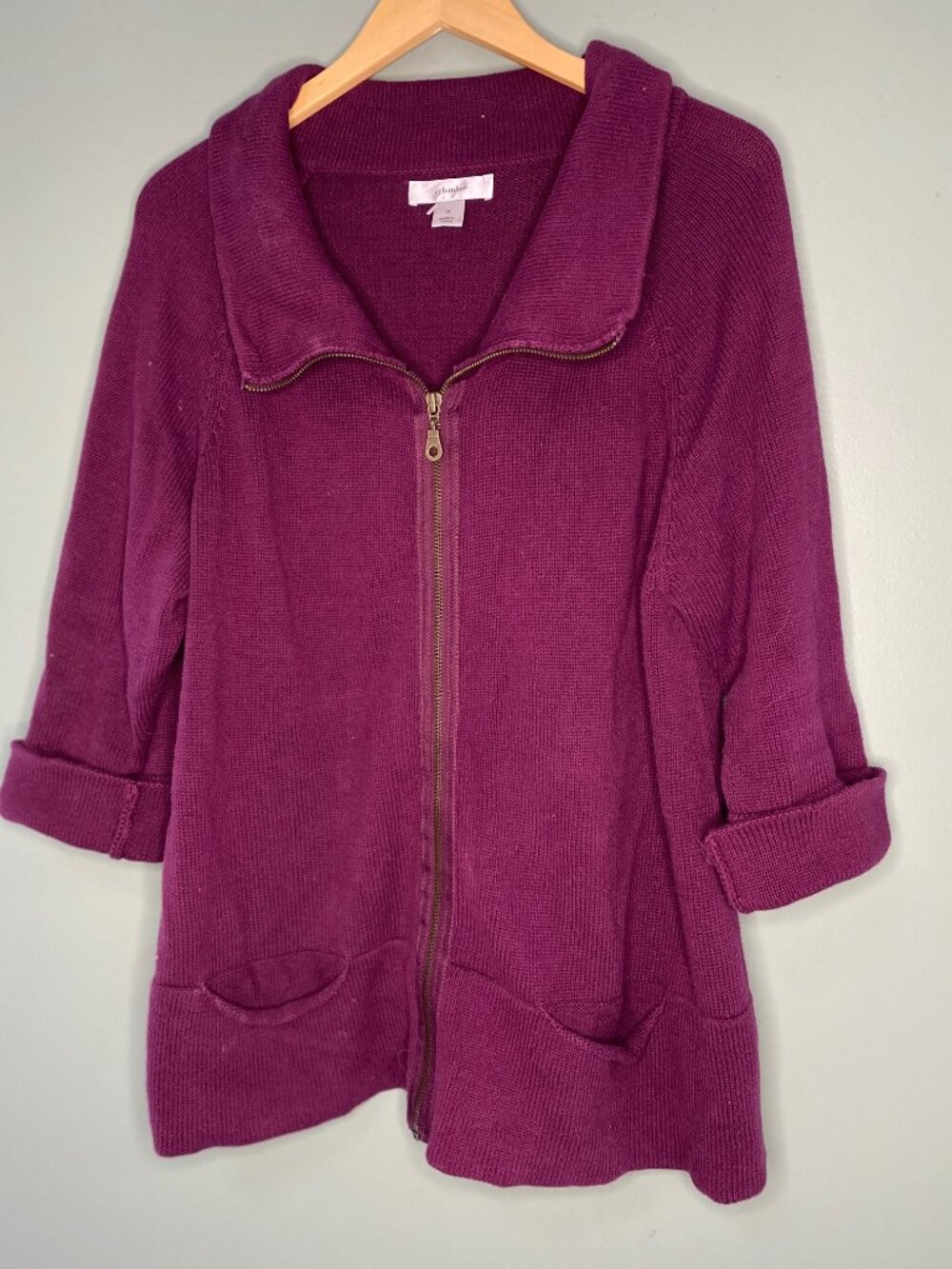 cJBanks Full Zip Sweater Size 1X 3/4 Sleeve Wine Colored  Teacher Sweater